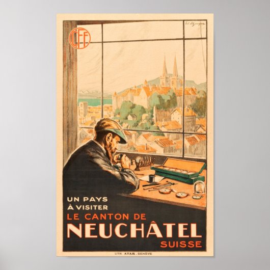 Handwerker in Neuchatel, Schweiz, Vintage-Reise Poster (Vorne)