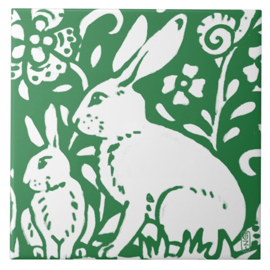 Handwerker Stil Rabbit Bunny Emerald Green Floral Fliese (Vorderseite)