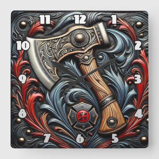 Handwerkskunst auf Display mit einem Fireman's Ax Quadratische Wanduhr (Vorderseite)