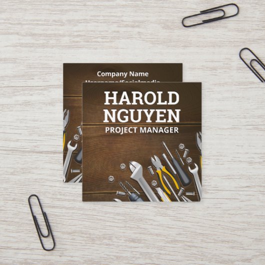 Handwerkswerkzeuge Holztisch Quadratische Visitenkarte (Vorderseite/Rückseite Beispiel)