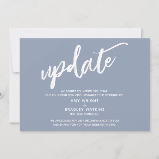 Handwriting abgebrochen Hochzeitsupdate Dusty Blue Einladung (Vorderseite)