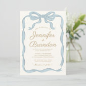 Handwriting Eleganter Blue Ribbon gestreift Einladung (Stehend Vorderseite)