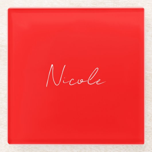 Handwriting Eleganter Name Rot Weiße Farbe Schlich Glasuntersetzer (Vorderseite)