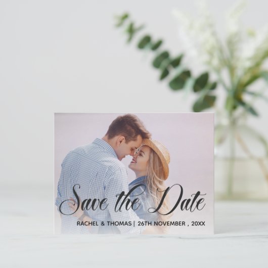 Handwriting-Foto Hochzeit Speichern Sie das Datum Ankündigungspostkarte (Stehend Vorderseite)