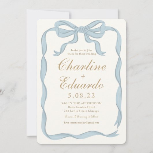 Handwriting Funky Blue Ribbon gestreift Einladung (Vorderseite)