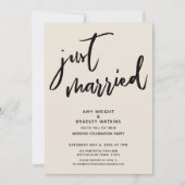 Handwriting Just Married Cream Hochzeit Empfang Einladung (Vorderseite)