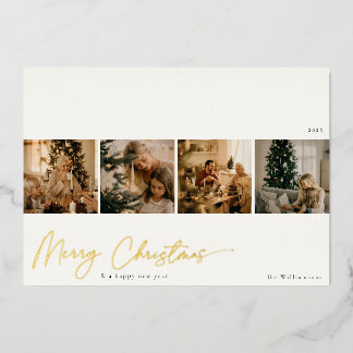 Handwriting Multi Photo Gold Foil Holiday Card Folien Feiertagskarte