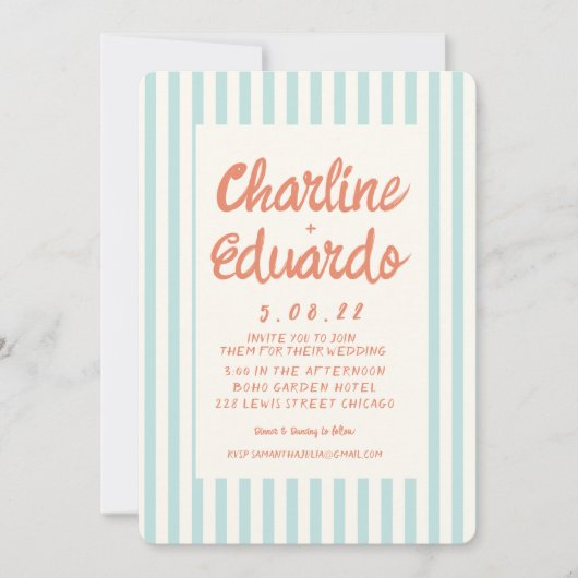 Handwriting Pastel Retro Hochzeitkarte Einladung (Vorderseite)