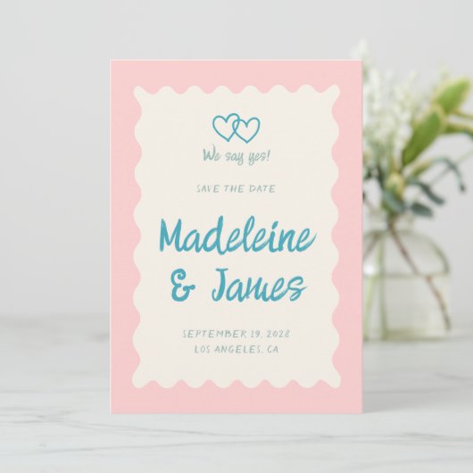 Handwriting Retro Bold Pink Türkis Wedding Save The Date (Stehend Vorderseite)