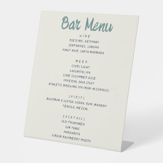 Handwriting Retro Green Blue Wedding Bar Menu Sockelschild (Vorderseite)