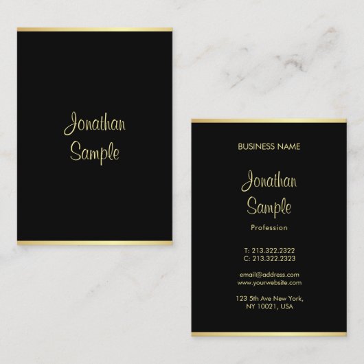 Handwriting Script Name Black Gold Modern Template Visitenkarte (Vorne/Hinten)