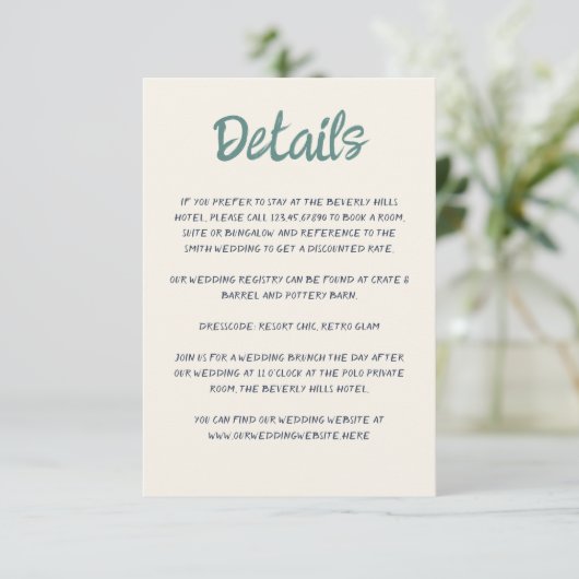 Handwriting Script Quirky Green Blue Retro Wedding Begleitkarte (Stehend Vorderseite)