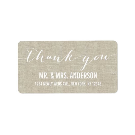 Handwriting Script Wedding Danke Beige Linen Adressaufkleber (Vorne)
