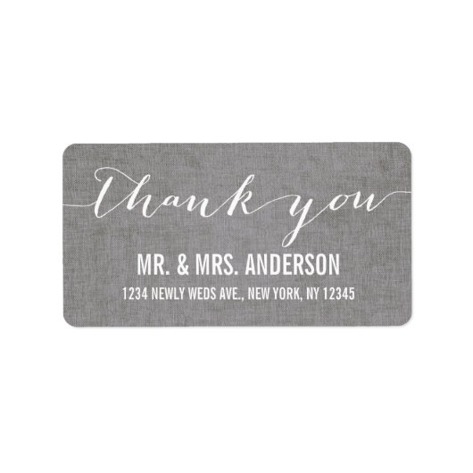 Handwriting Script Wedding Danke, Gray Linen Adressaufkleber (Vorne)