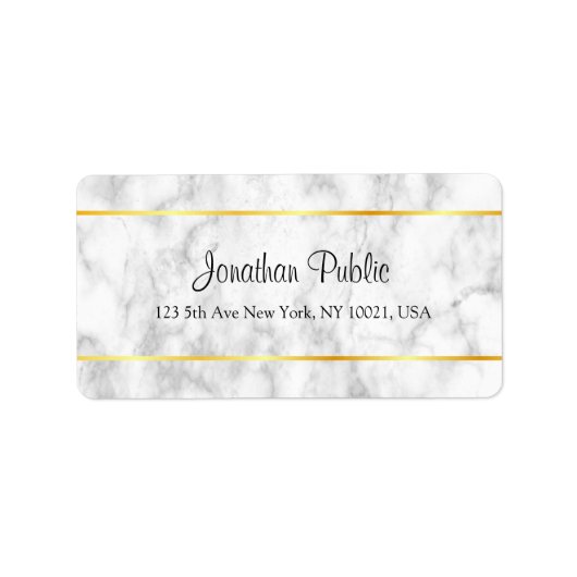 Handwriting Script White Marble Gold Stripes Adressaufkleber (Vorne)