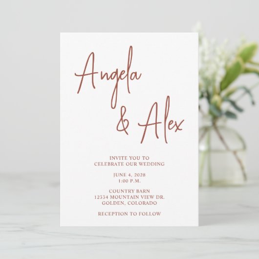 Handwriting Style Script Terracotta Wedding Einladung (Stehend Vorderseite)