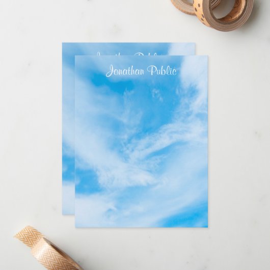 Handwriting Template Script Name Blue Sky Clouds Mitteilungskarte (Vorderseite/Rückseite Beispiel)