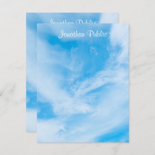 Handwriting Template Script Name Blue Sky Clouds Mitteilungskarte (Vorne/Hinten)