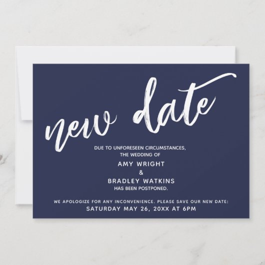 Handwriting verschoben Hochzeit New Date Navy Blue Einladung (Vorderseite)