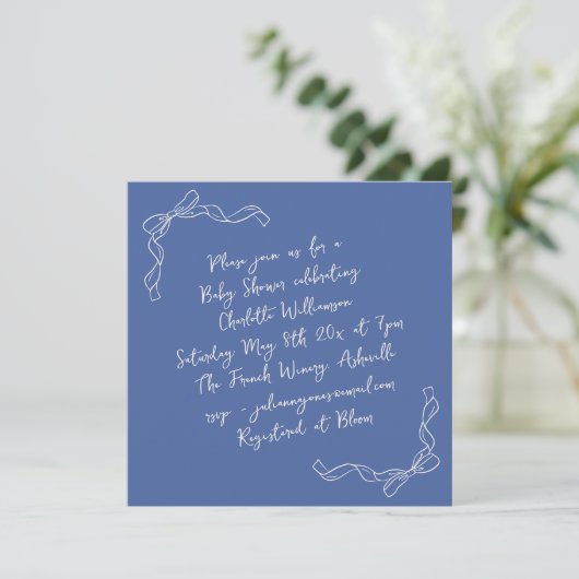 Handwritten Coquette Bow Blue Bridal Shower Square Einladung (Stehend Vorderseite)