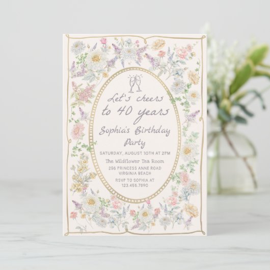 Handwritten Floral Cheers 40th Birthday Invitation Einladung (Stehend Vorderseite)