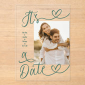 Handwritten Green Heart It's A Date Photo Wedding Acryleinladungen (Vorderseite)