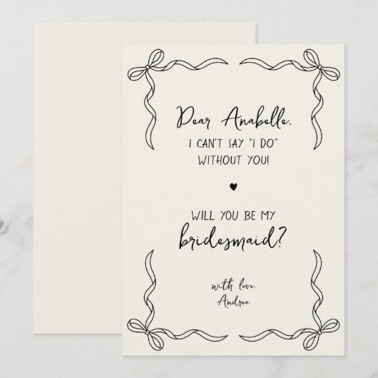 Handwritten Hand Drawn Bow Fun Bridesmaid Proposal Einladung (Vorne/Hinten)