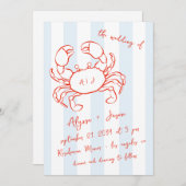 Handwritten Lobster Nautical Red Blue Wedding Einladung (Vorne/Hinten)
