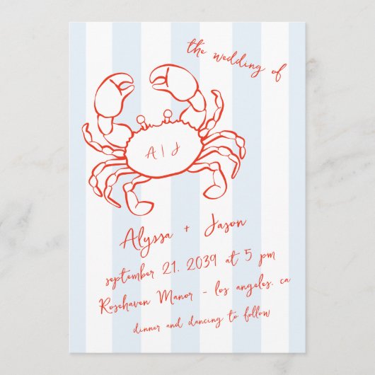 Handwritten Lobster Nautical Red Blue Wedding Einladung (Vorderseite)