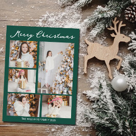 Handwritten Merry Christmas Photo Collage Green Feiertagspostkarte