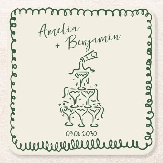 Handwritten retro Champagne Tower Wedding Rechteckiger Pappuntersetzer (Vorderseite)