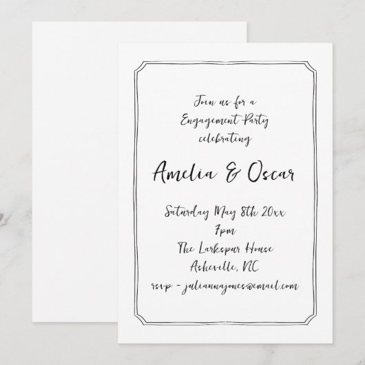 Handwritten Script Black White Engagement Party Einladung (Vorne/Hinten)