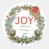 Handwritten Script Christmas Joy Wreath Name Green Runder Aufkleber (Vorderseite)