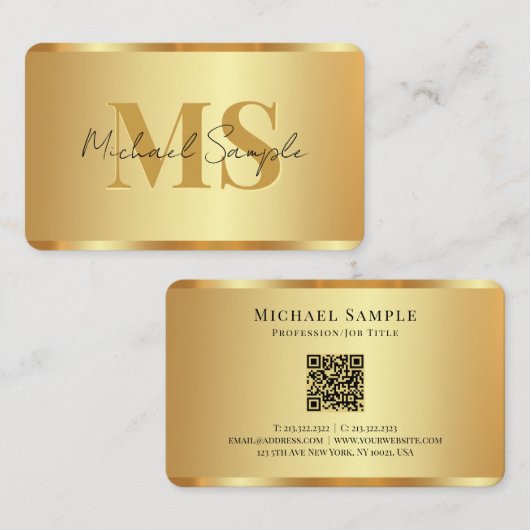 Handwritten Script Name QR Code Luxurious Gold Visitenkarte (Vorne/Hinten)