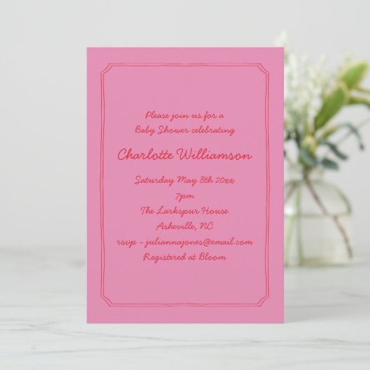 Handwritten Script Pink Red Border Baby Shower Einladung (Stehend Vorderseite)