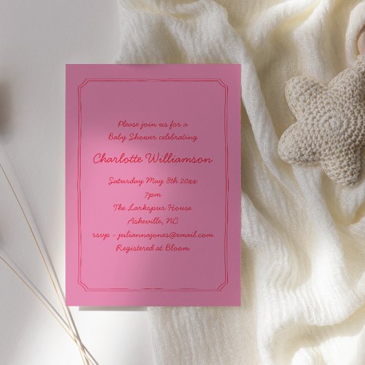 Handwritten Script Pink Red Border Baby Shower Einladung