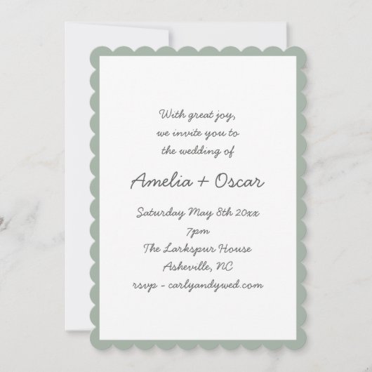 Handwritten Script Whimsy Sage Green Wedding Einladung (Vorderseite)