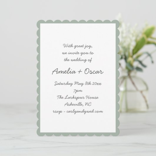 Handwritten Script Whimsy Sage Green Wedding Einladung (Stehend Vorderseite)