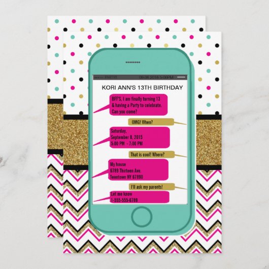 Handy Simse Einladung - Teen Birthday (Vorne/Hinten)