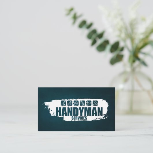 Handyman arbeitet mit weißen Farben und Symbolen Visitenkarte (Stehend Vorderseite)