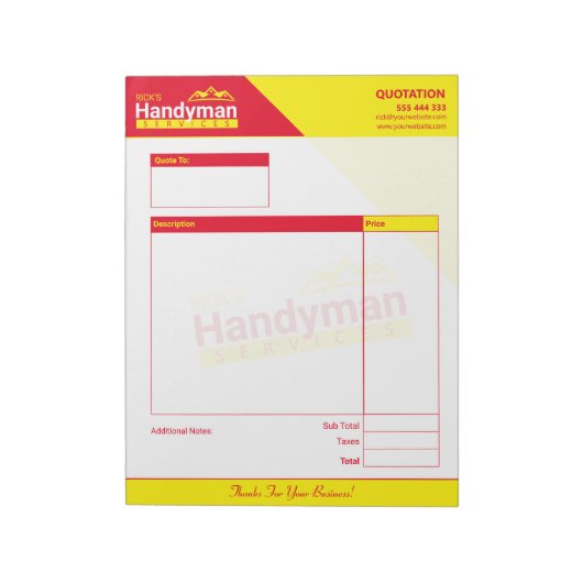 Handyman Business Quote Pad - Zuhause Business Notizblock (Rotiert)