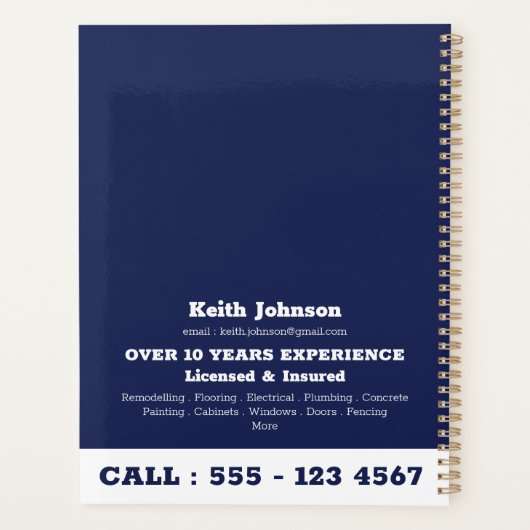 Handyman Construction Navy Blue Custom Ernennung Planer (Rückseite)