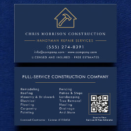 Handyman Construction Navy Blue Gold QR Code Visitenkarte