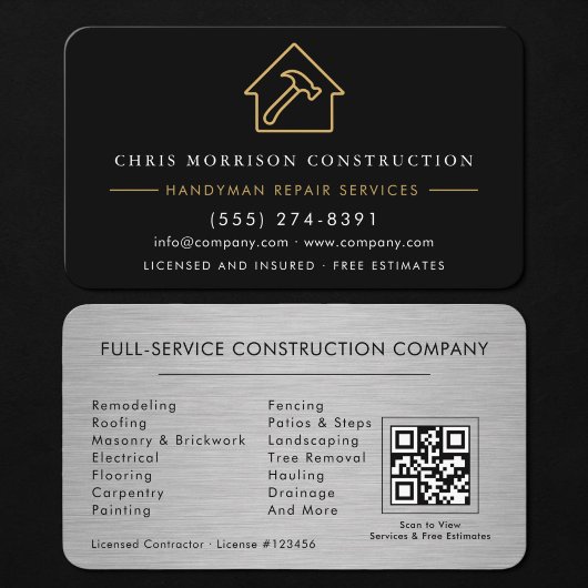 Handyman Construction QR-Code Silber Metallic Visitenkarte
