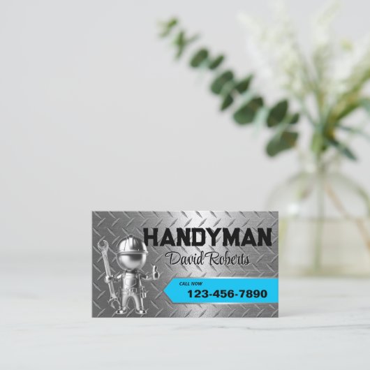 Handyman Repair & Maintenance Service Blue Metal Visitenkarte (Stehend Vorderseite)