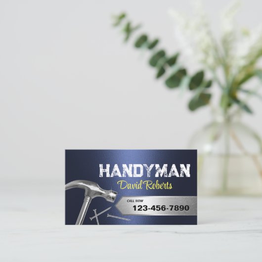 Handyman Reparatur und Wartung von Navy Blue Metal Visitenkarte (Stehend Vorderseite)