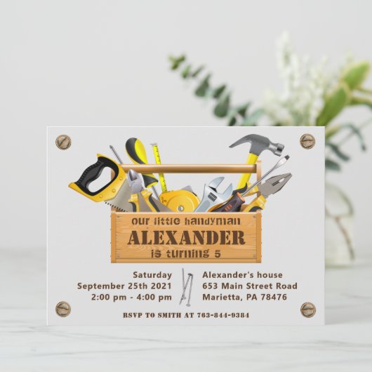 Handyman Tools and Gadgets Birthday Party Einladung (Stehend Vorderseite)