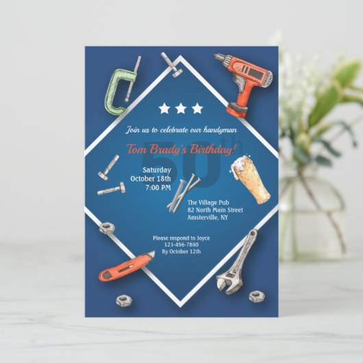 Handyman Tools Birthday Einladung (Stehend Vorderseite)