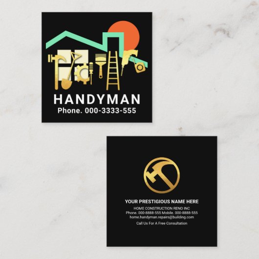 Handyman Tools Rooftop Rising Sun Quadratische Visitenkarte (Vorne/Hinten)
