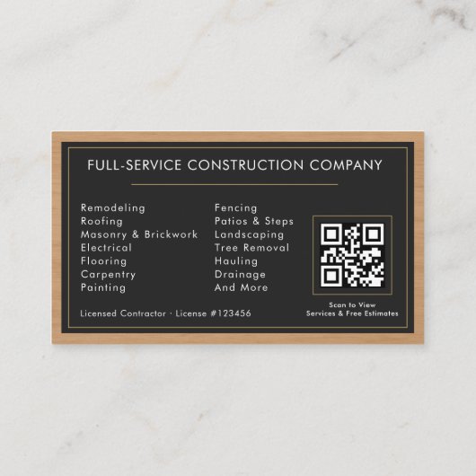 Handyman Wood QR Code Construction Black Gold Visitenkarte (Rückseite)